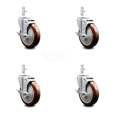 Service Caster 5 Inch Maroon Poly Wheel Swivel 7/8 Inch Square Stem Caster Set with Brake SCC SCC-SQ20S514-PPUB-MRN-TLB-78-4